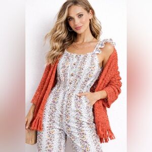 Set“Blush Brand” White Floral Jumpsuit & Coral “Self Esteem Brand” Lace Cardigan
